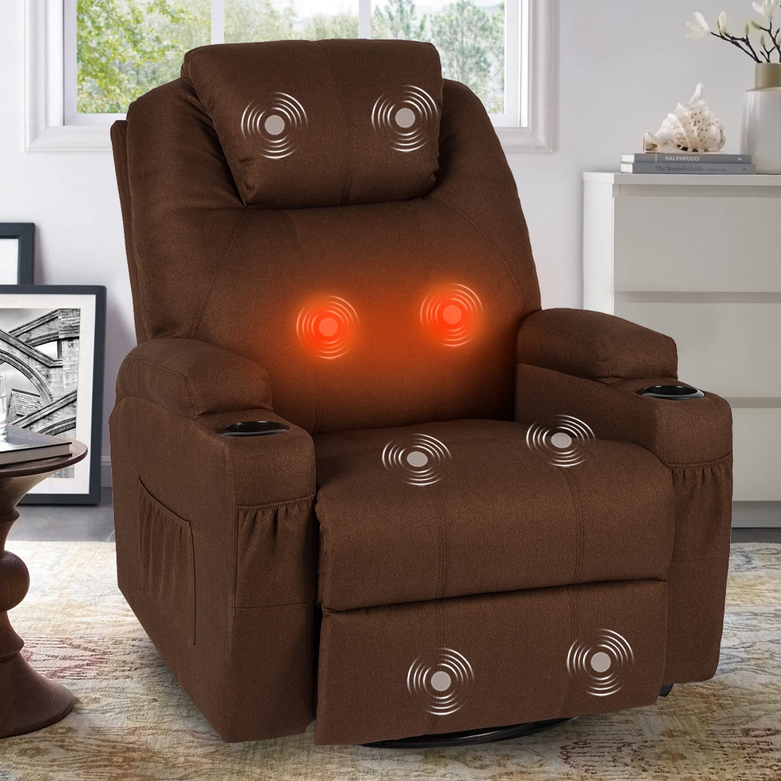 YODOLLA Massage Recliner Chair Heated Rocker Recliner Living Room Chair Home Theater Lounge Seat with Cup Holder, Dark Brown