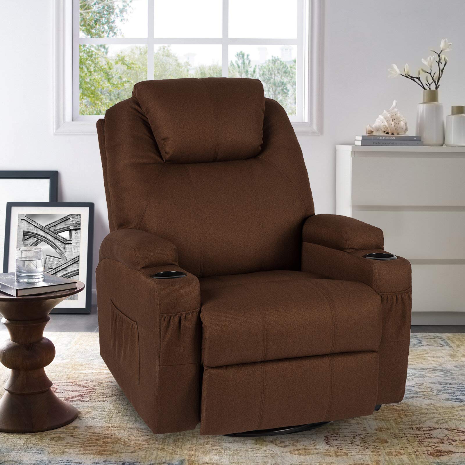 YODOLLA Massage Recliner Chair Heated Rocker Recliner Living Room Chair Home Theater Lounge Seat with Cup Holder, Dark Brown