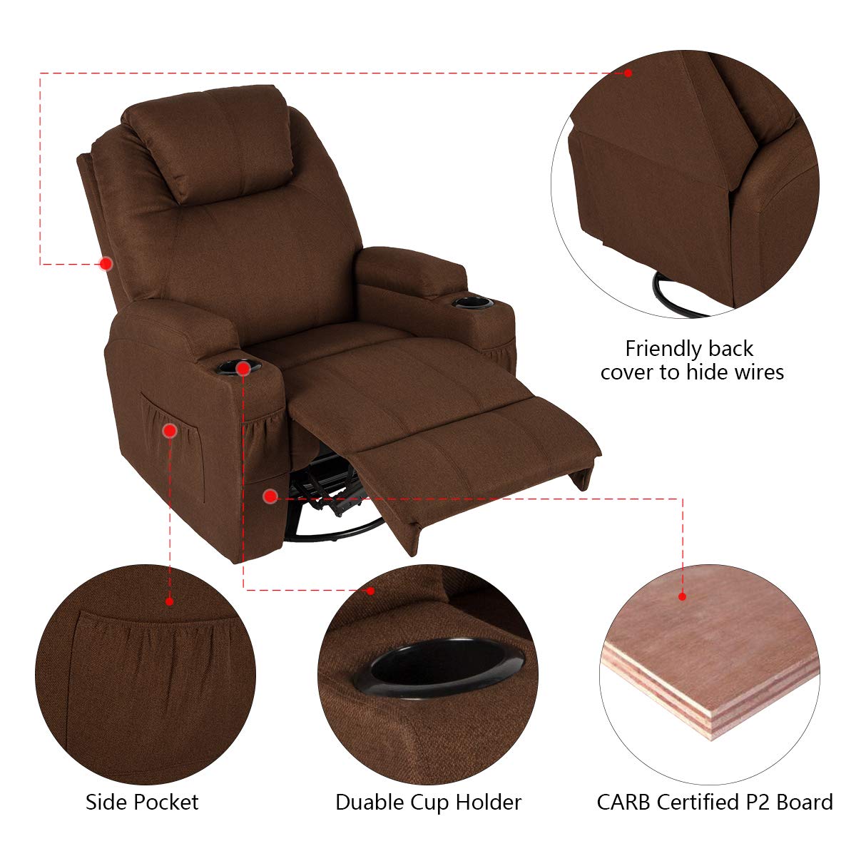 YODOLLA Massage Recliner Chair Heated Rocker Recliner Living Room Chair Home Theater Lounge Seat with Cup Holder, Dark Brown