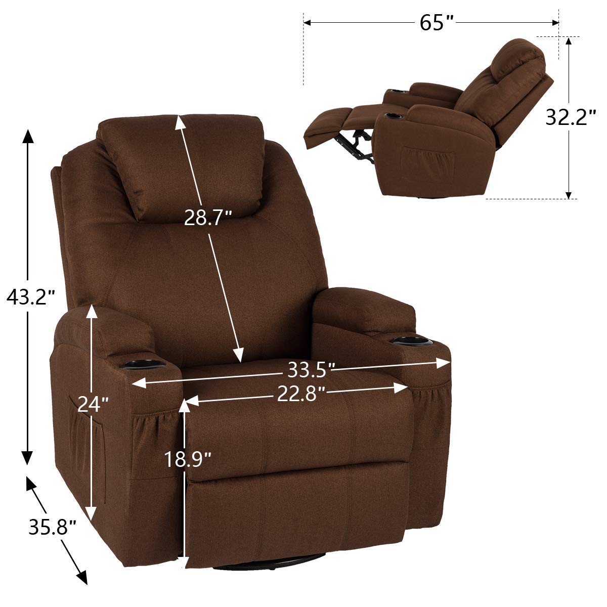 YODOLLA Massage Recliner Chair Heated Rocker Recliner Living Room Chair Home Theater Lounge Seat with Cup Holder, Dark Brown