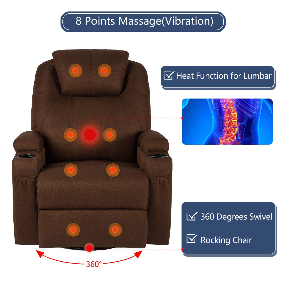 YODOLLA Massage Recliner Chair Heated Rocker Recliner Living Room Chair Home Theater Lounge Seat with Cup Holder, Dark Brown