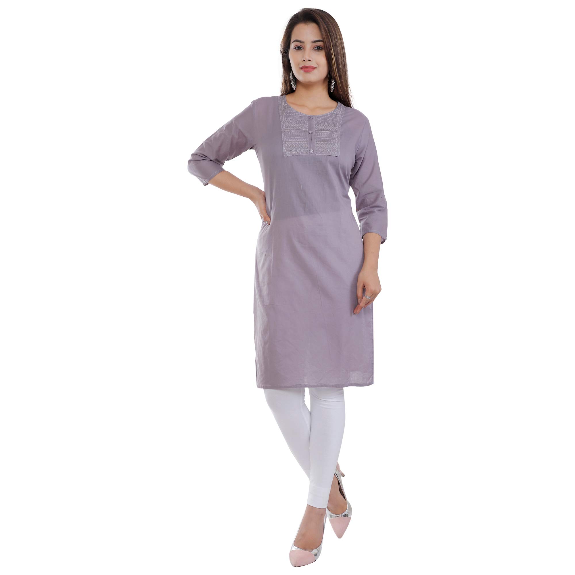 Ramkudi Indian Women's Plain Embroiderd Cotton Straight Kurti Top (Light-Purple)