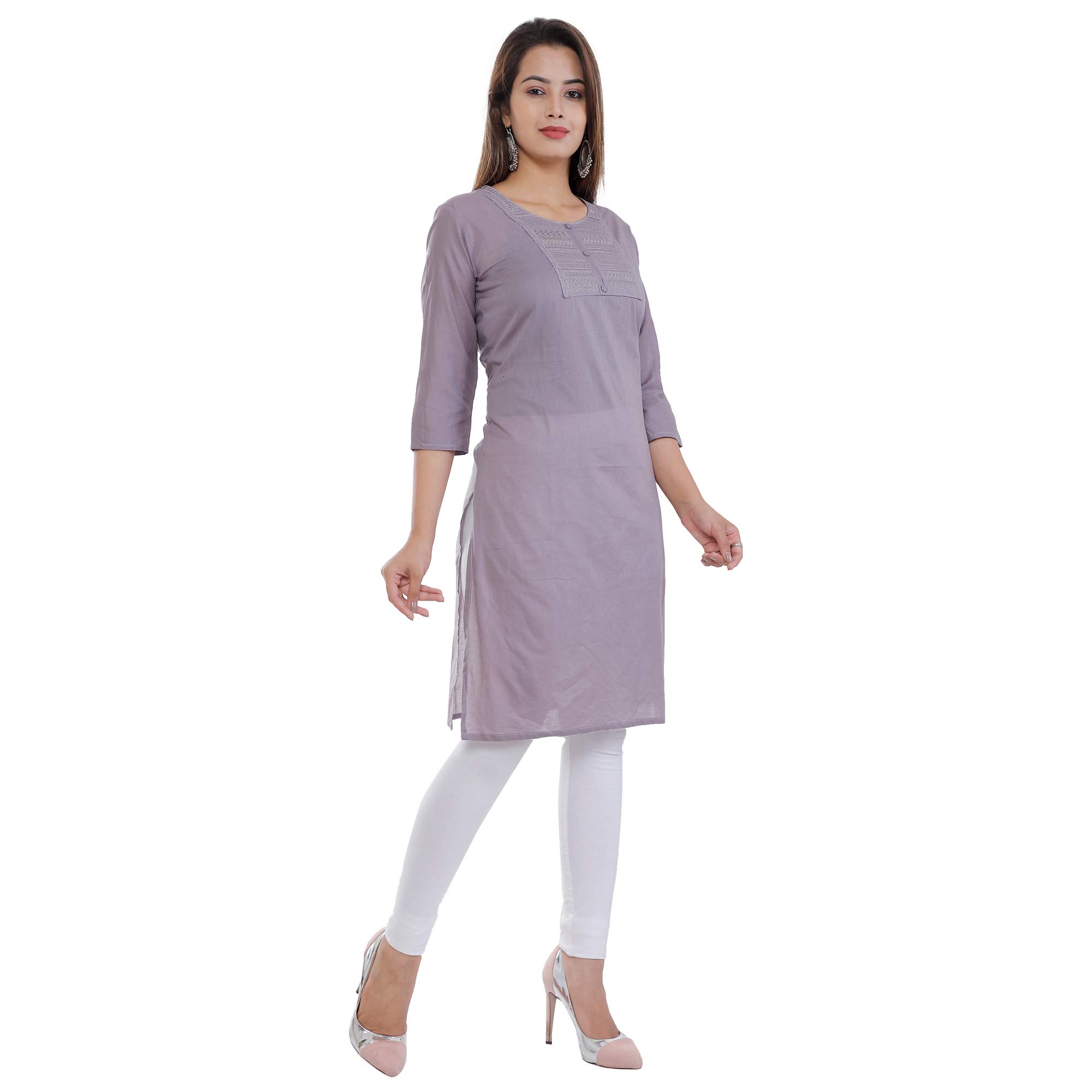 Ramkudi Indian Women's Plain Embroiderd Cotton Straight Kurti Top (Light-Purple)