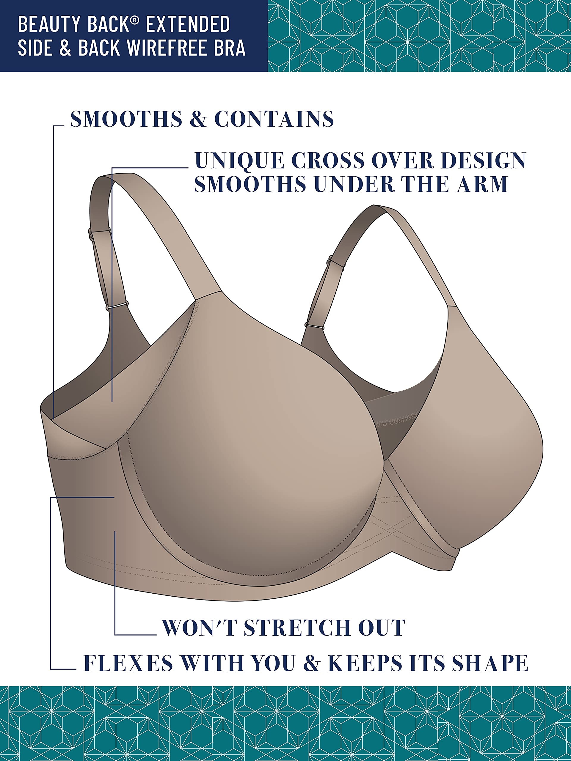 Vanity Fair Women's Full Figure Wireless Bra, Extended Side & Back Smoothing, Lightly Lined Cups up to DDD, Quartz, 44C