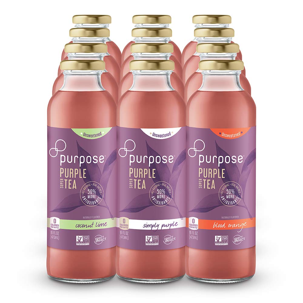 Purpose Tea - Bottled Iced Tea, All Natural Brewed Organic Purple Leaves, Unsweetened, Pure, Non-GMO, High in Antioxidants and Anthocyanins, Healthy Drinks - 16 oz (Variety Pack, 12 Pack)