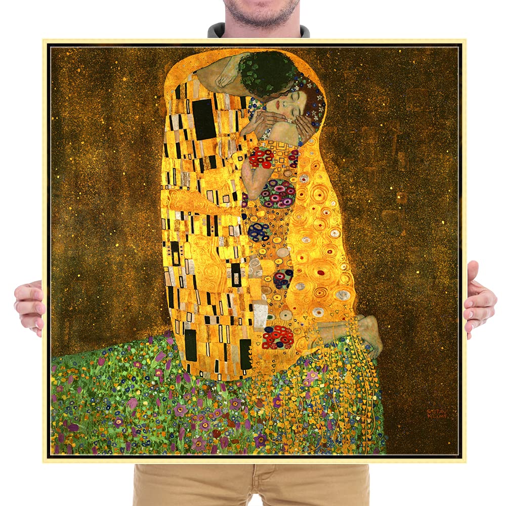 Wieco Art Framed Art the Kiss by Gustav Klimt Famous Oil Paintings Reproductions Modern Giclee Canvas Prints Canvas Wall Art with Golden Picture Frames for Wall Decor Home Decorations