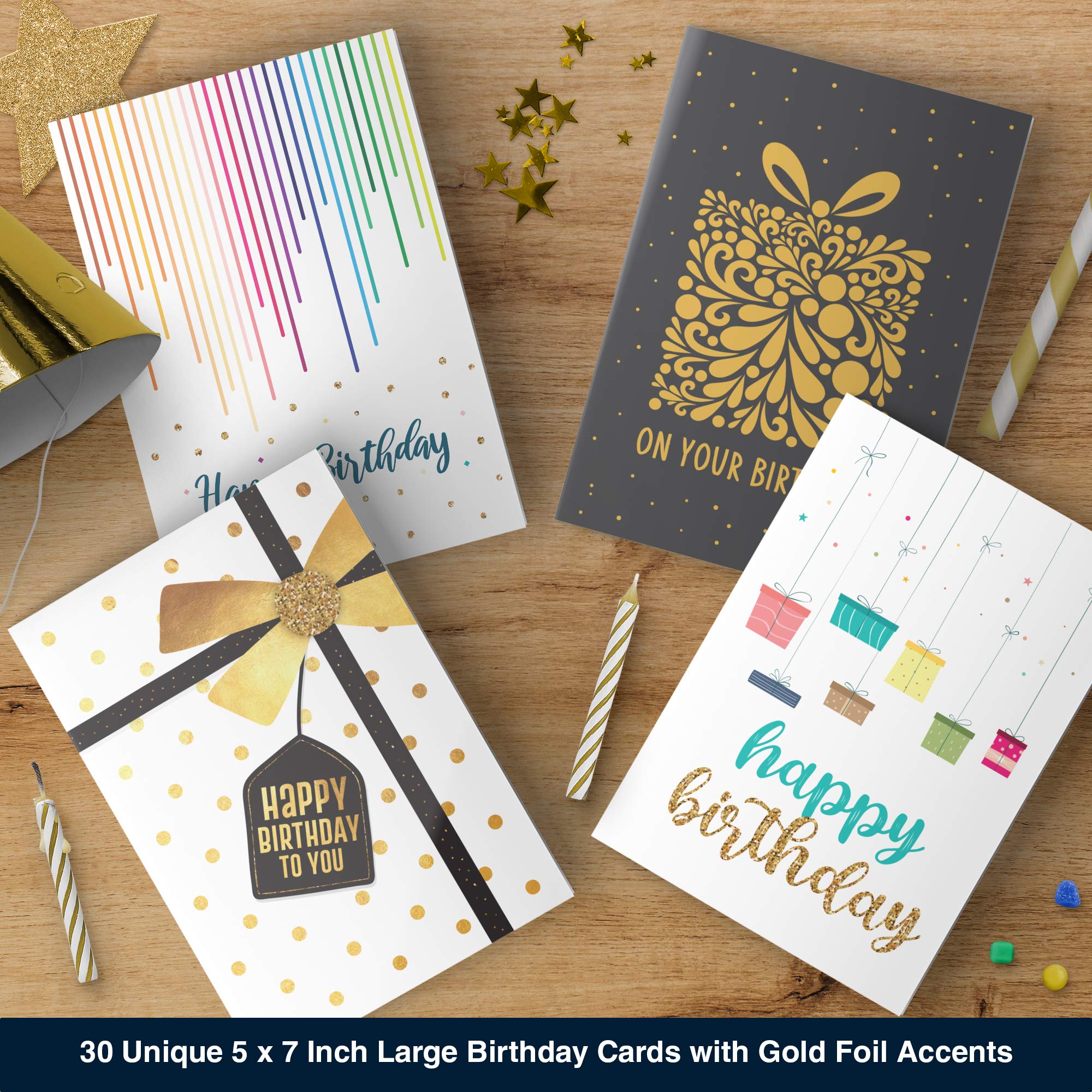 Dessie 30 Unique Happy Birthday Cards - 30 Gold Foil Birthday Cards Bulk With Message Inside. 32 White and Colored Envelopes, Perpetual Birthday Calendar and Gold Sealing Stickers Included In Box