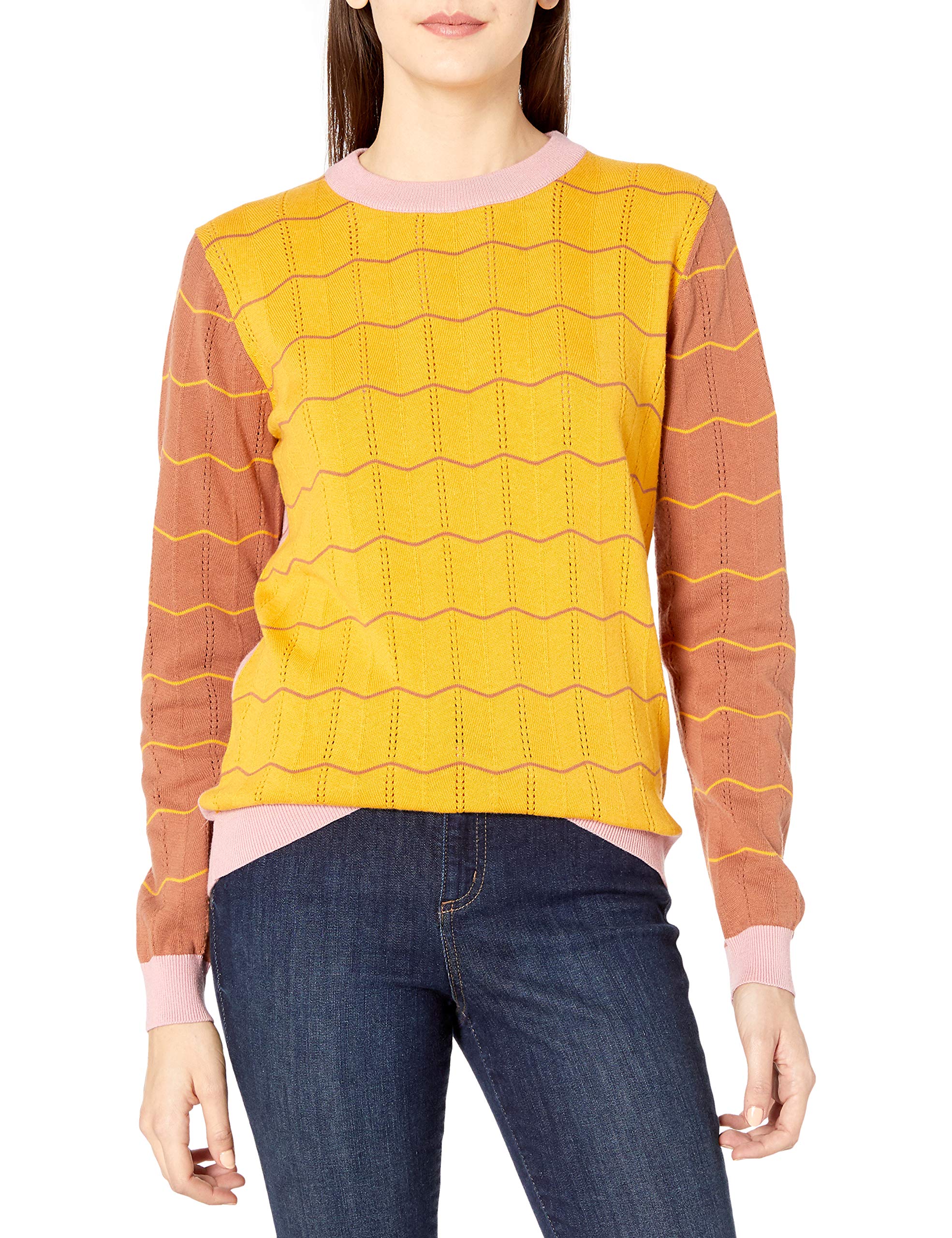 Cable Stitch Women's Zig Zag Stripe Long Sleeve Sweater Multi-Mustard Small