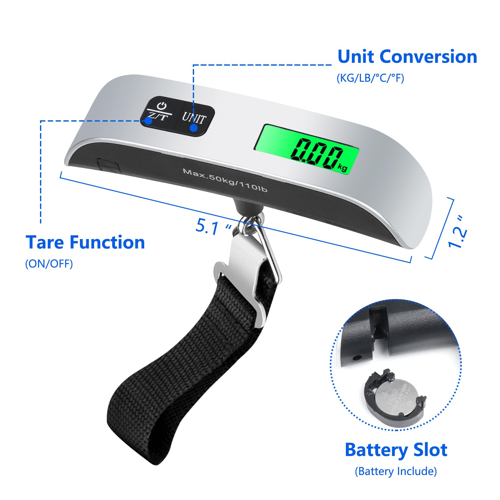 VIGIND Digital Luggage Weight Scale,110lbs Portable Handheld Scale with Backlit LCD Display&Hook,Suitcase Scale with Temperature Senso,Travel Essentials Accessories for Travel - Battery Included