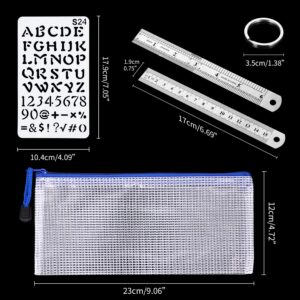 48 Pieces Journal Planner Stencils Plastic Bullet Stencil with A6 File Bag, Steel Ruler and 2 Pieces Metal Key Rings for Notebook, Diary, Scrapbook and DIY Drawing Template, Total 52 Pieces