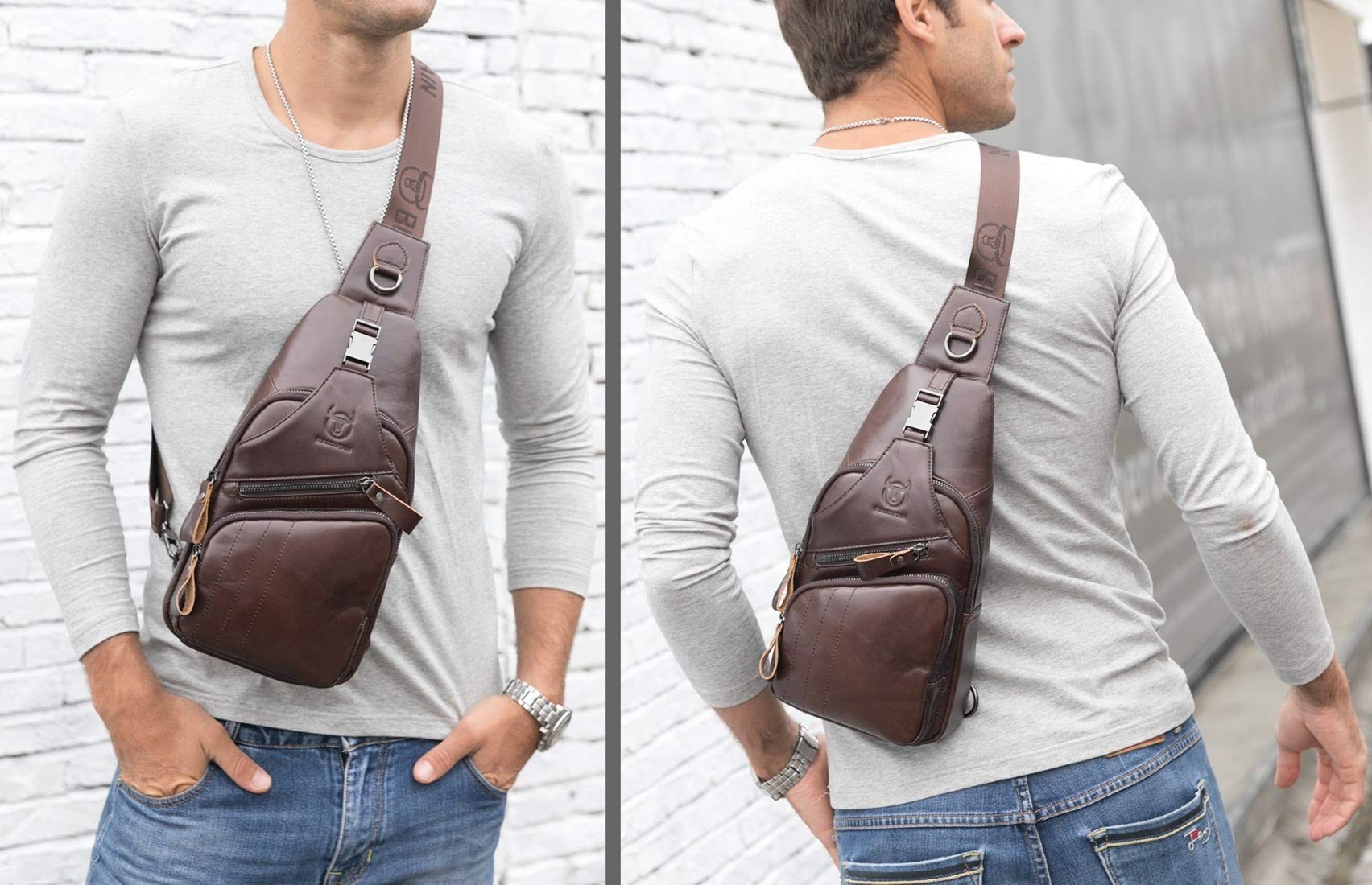 BULLCAPTAIN Leather Men Sling Bag Casual Crossbody Chest Bags Travel Daypack (Brown)