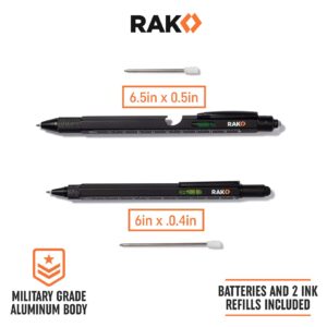 RAK Multi-Tool 2Pc Pen Set - LED Light, Touchscreen Stylus, Ruler, Level, Bottle Opener, Phillips Screwdriver, Flathead, and Ballpoint Pen