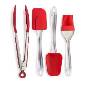 cooking light 4 piece silicone tool utensils set, non-stick cookware safe and heat resistant, for cooking, baking and mixing, red