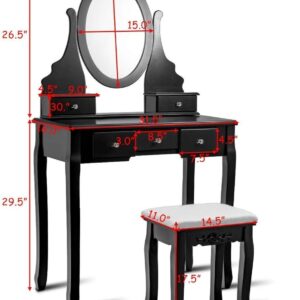 Vanity Table Set, Wooden Dressing Table with Oval 360° Rotating Mirror, 5 Storage Drawers, Painted Finish, Vanity Makeup Table with Padded Stool Seat, Detachable Table Top, Easy to Assemble (Black)