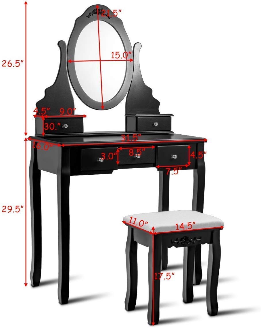 Vanity Table Set, Wooden Dressing Table with Oval 360° Rotating Mirror, 5 Storage Drawers, Painted Finish, Vanity Makeup Table with Padded Stool Seat, Detachable Table Top, Easy to Assemble (Black)