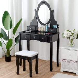 vanity table set, wooden dressing table with oval 360° rotating mirror, 5 storage drawers, painted finish, vanity makeup table with padded stool seat, detachable table top, easy to assemble (black)