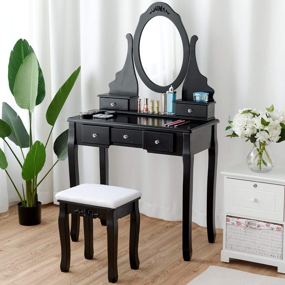 Vanity Table Set, Wooden Dressing Table with Oval 360° Rotating Mirror, 5 Storage Drawers, Painted Finish, Vanity Makeup Table with Padded Stool Seat, Detachable Table Top, Easy to Assemble (Black)