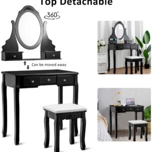 Vanity Table Set, Wooden Dressing Table with Oval 360° Rotating Mirror, 5 Storage Drawers, Painted Finish, Vanity Makeup Table with Padded Stool Seat, Detachable Table Top, Easy to Assemble (Black)