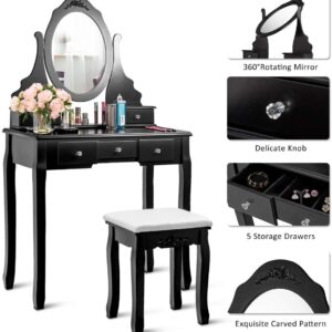 Vanity Table Set, Wooden Dressing Table with Oval 360° Rotating Mirror, 5 Storage Drawers, Painted Finish, Vanity Makeup Table with Padded Stool Seat, Detachable Table Top, Easy to Assemble (Black)