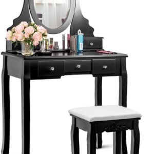 Vanity Table Set, Wooden Dressing Table with Oval 360° Rotating Mirror, 5 Storage Drawers, Painted Finish, Vanity Makeup Table with Padded Stool Seat, Detachable Table Top, Easy to Assemble (Black)