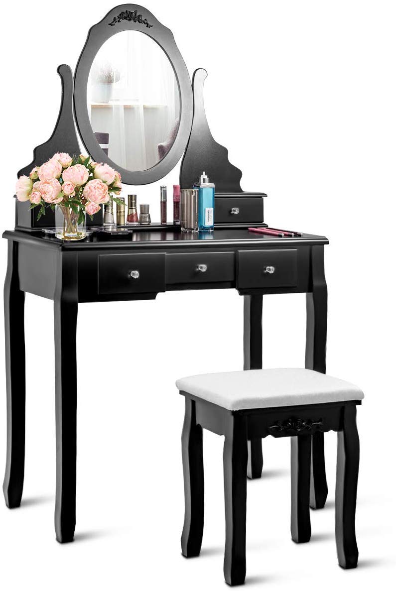 Vanity Table Set, Wooden Dressing Table with Oval 360° Rotating Mirror, 5 Storage Drawers, Painted Finish, Vanity Makeup Table with Padded Stool Seat, Detachable Table Top, Easy to Assemble (Black)