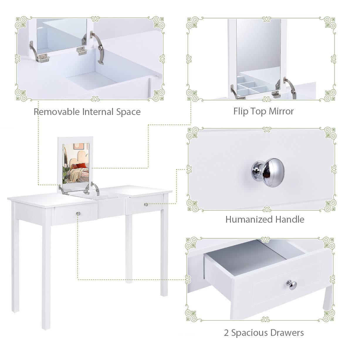 Nightcore Vanity Flip Top, Makeup Dressing Table Set with Square Mirror, 1, White