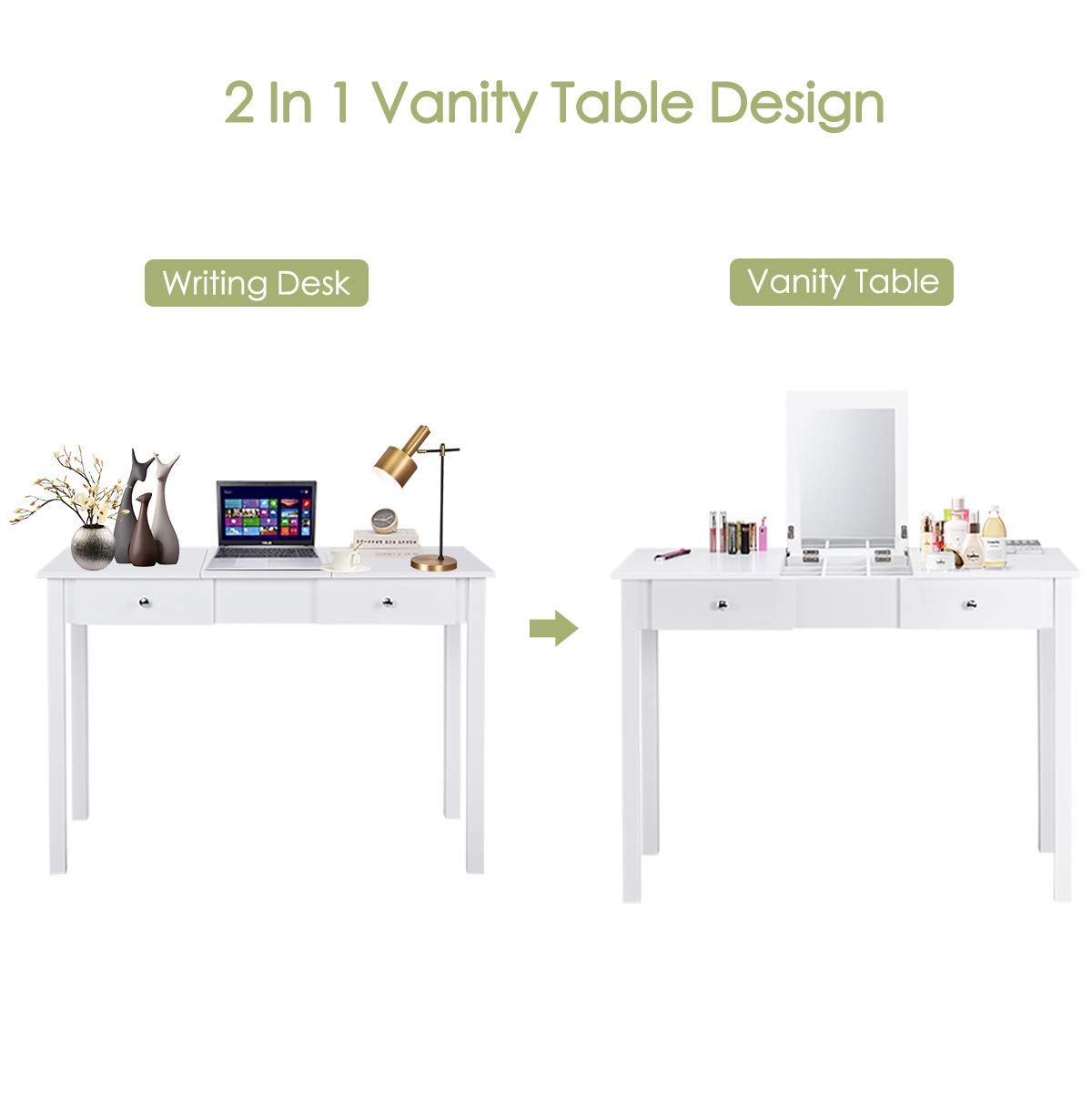 Nightcore Vanity Flip Top, Makeup Dressing Table Set with Square Mirror, 1, White