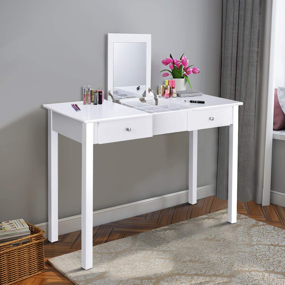 Nightcore Vanity Flip Top, Makeup Dressing Table Set with Square Mirror, 1, White