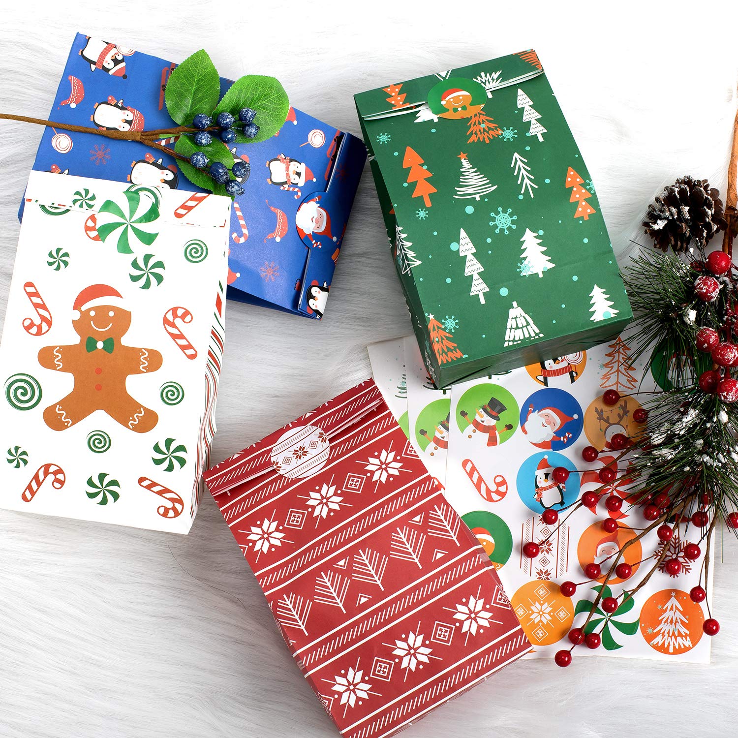 Whaline 60 Pack Christmas Goody Bags Holiday Design Gift Treat Bags with 60pcs Xmas Gift Tag Stickers for Classrooms, Party Favors and Birthdays