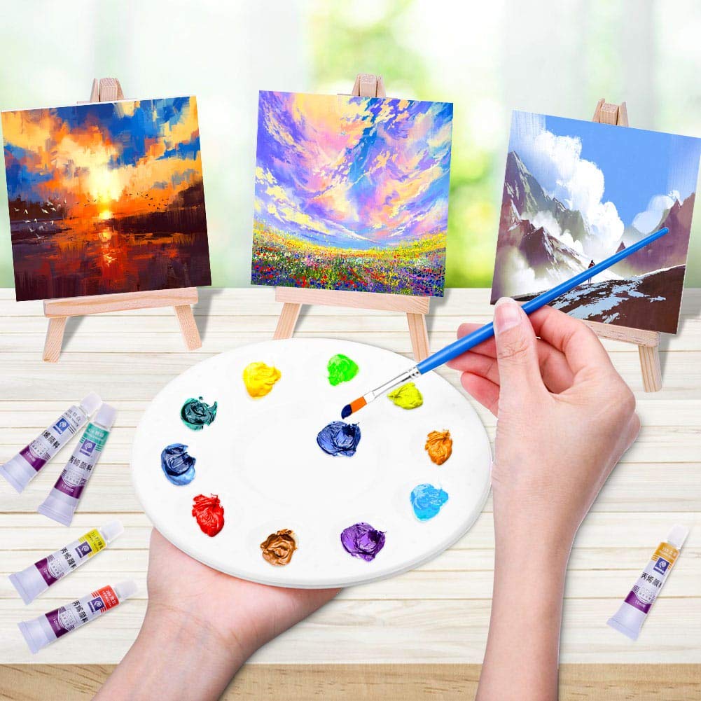 Mini Canvases 18 Pack, Cridoz Small Painting Canvas with Mini Easel 4x4 Inches Art Canvases Painting Kit for Kids Teenagers Acrylic Pouring Oil Water Color