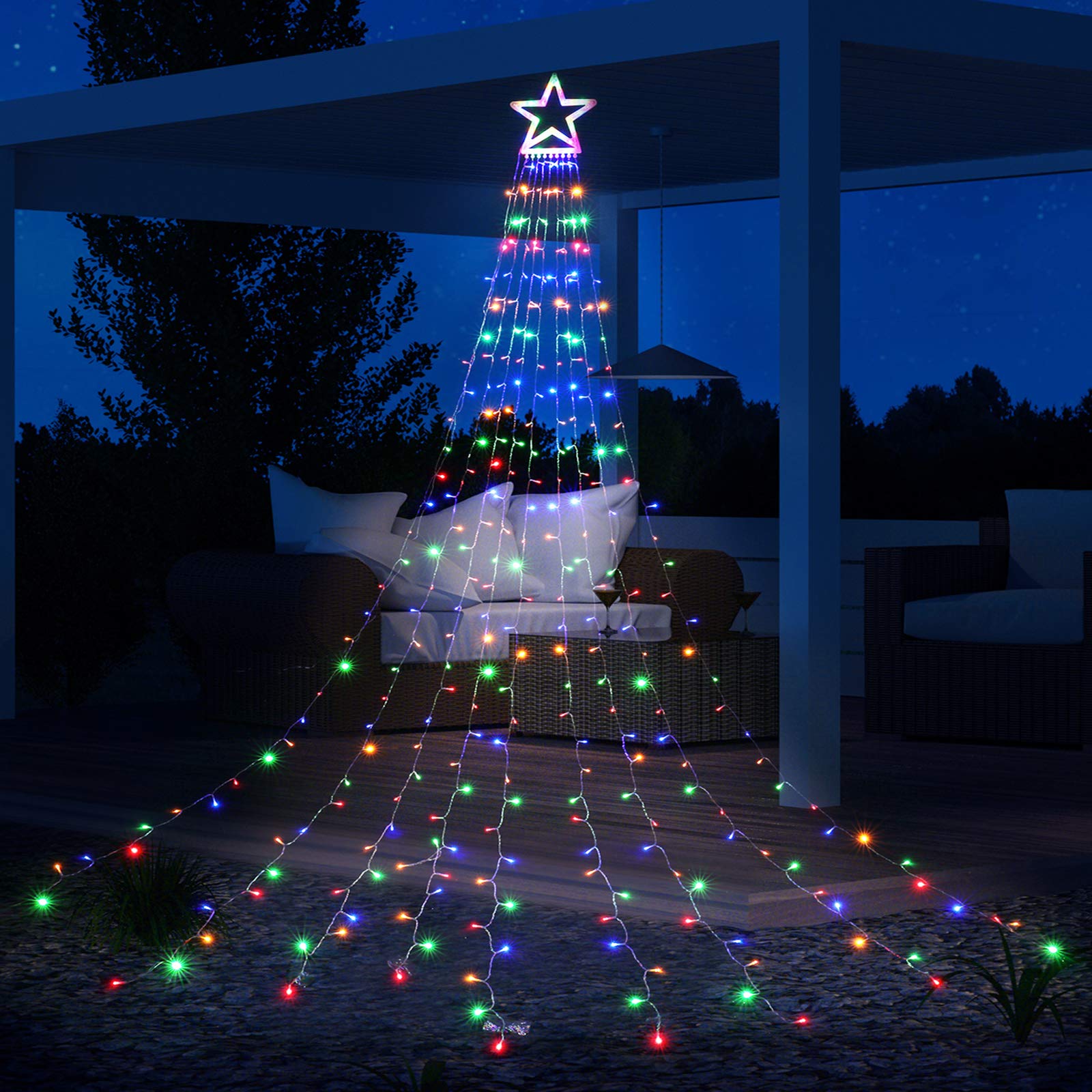 Toodour Christmas Lights, 317 LED 10ft X 9 Outdoor Christmas Decorations Lights with 12" Topper Star, 8 Lighting Modes Outside Christmas Tree Lights (Multicolor)