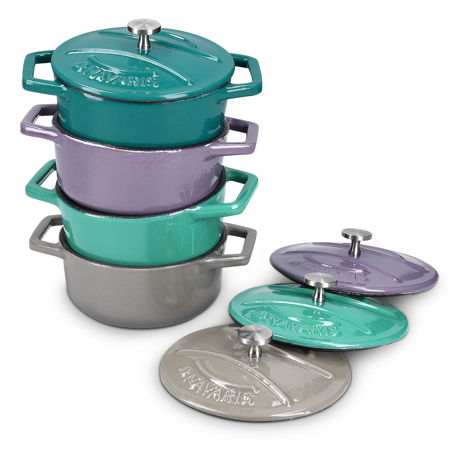 Navaris Cast Iron Round Cocottes (Set of 4) - 4.1" Mini Cocotte Dutch Oven Dishes with Enamel Coat, 9.8 oz - Teal/Violet/Green/Grey