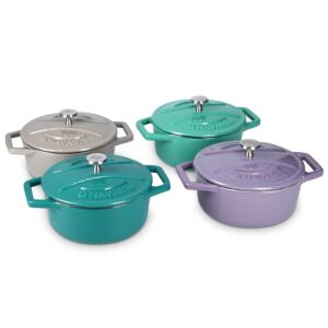 Navaris Cast Iron Round Cocottes (Set of 4) - 4.1" Mini Cocotte Dutch Oven Dishes with Enamel Coat, 9.8 oz - Teal/Violet/Green/Grey