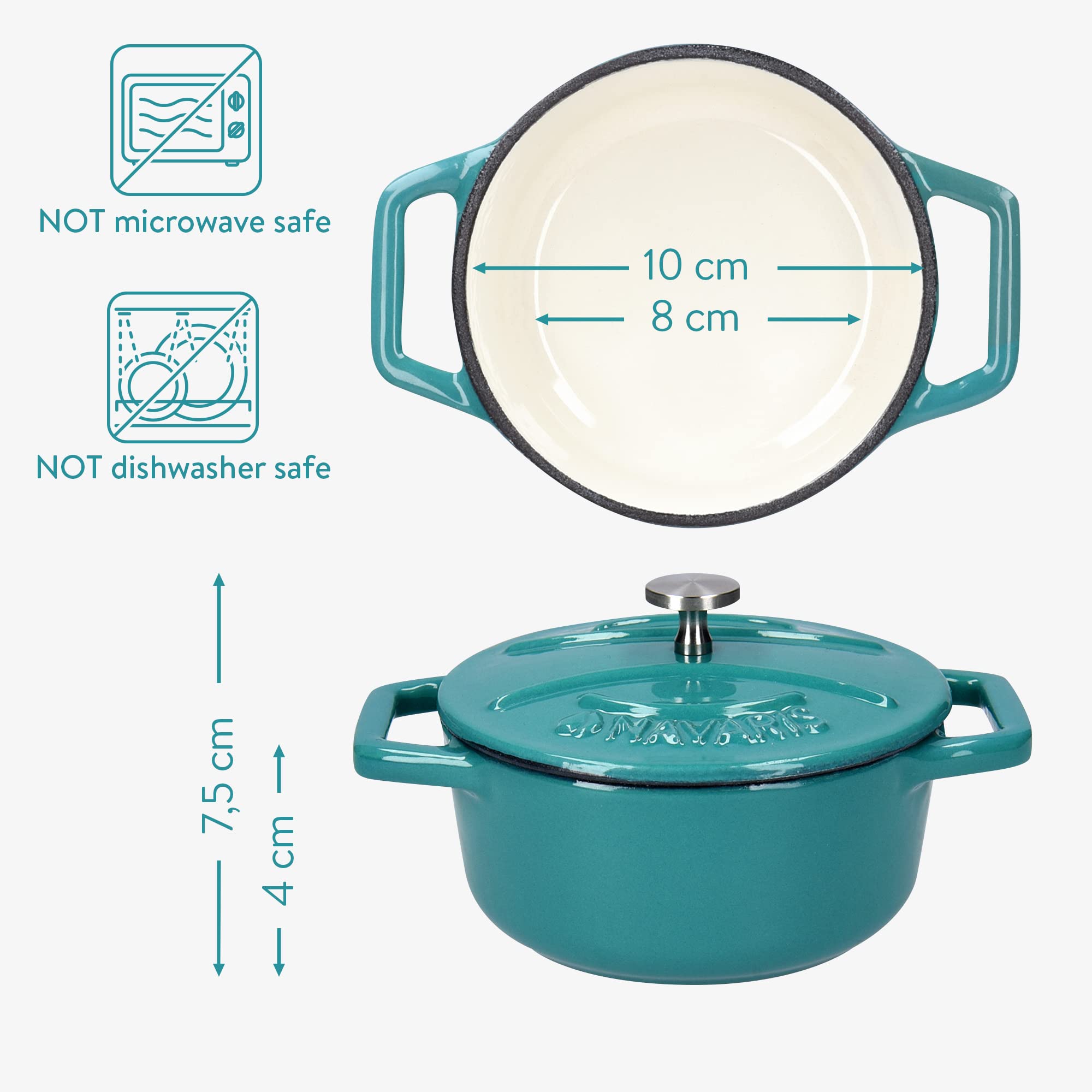 Navaris Cast Iron Round Cocottes (Set of 4) - 4.1" Mini Cocotte Dutch Oven Dishes with Enamel Coat, 9.8 oz - Teal/Violet/Green/Grey