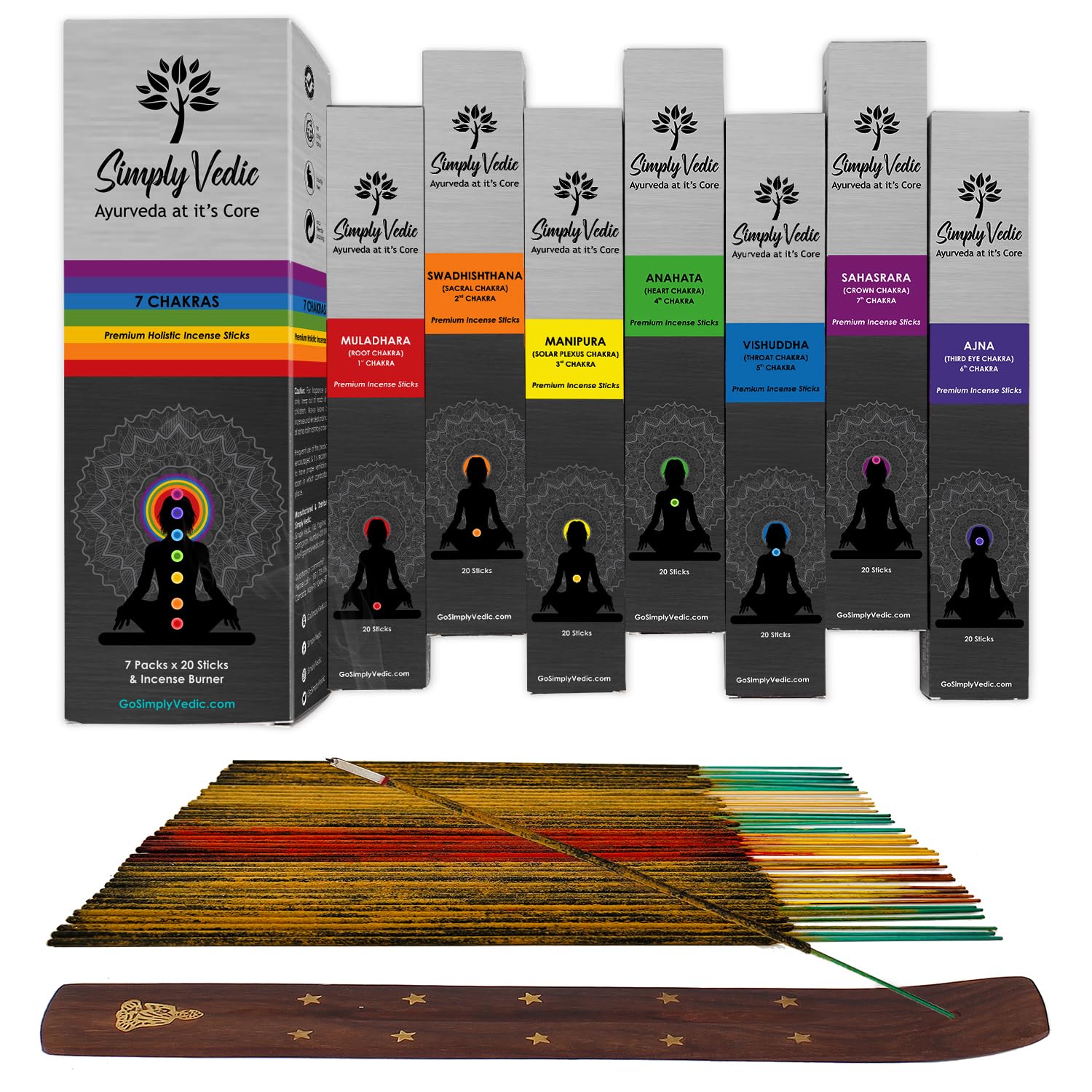 Simply Vedic 7 Chakra Incense Sticks Variety Pack with Holder, Set of 7 (140 Sticks) for Chakra Activation, Healing, Meditation, Yoga, Rituals, Aromatherapy, Energy Cleansing, Natural Handmade Incense