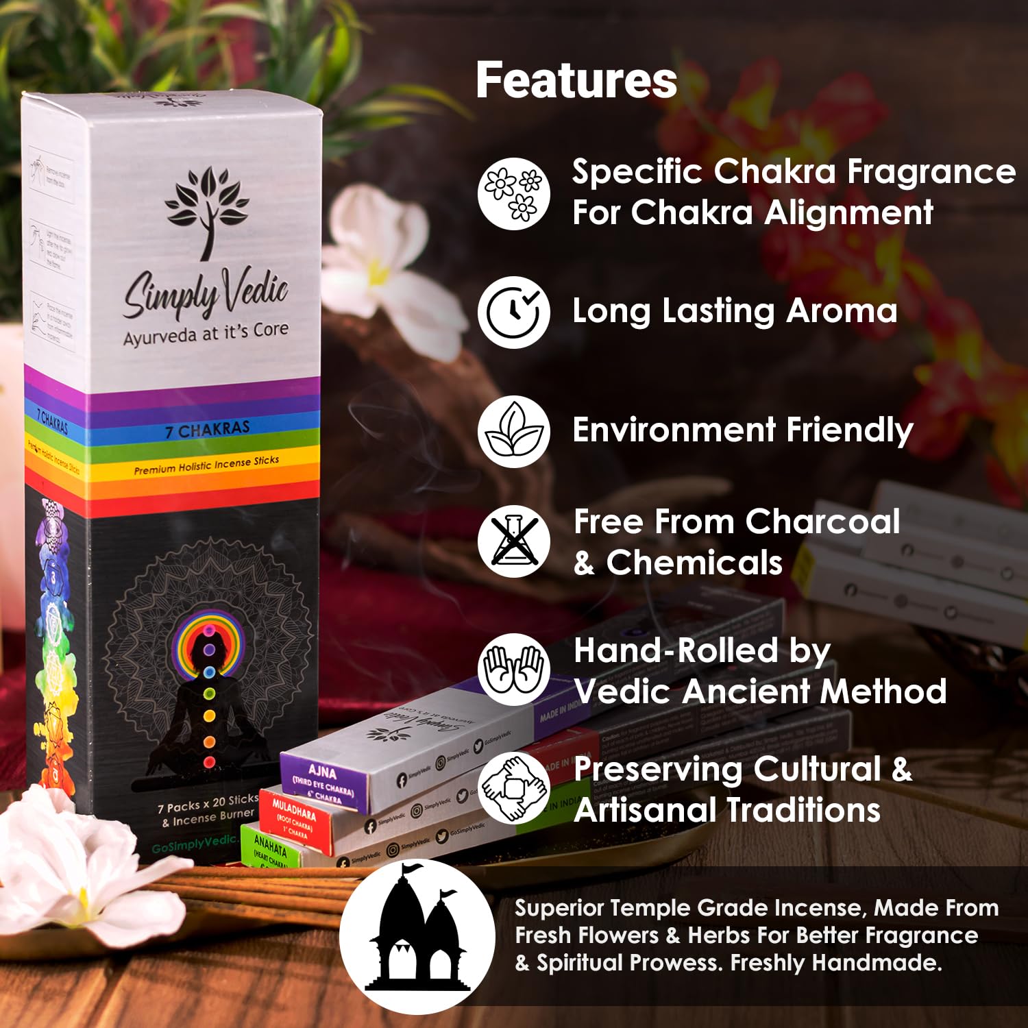 Simply Vedic 7 Chakra Incense Sticks Variety Pack with Holder, Set of 7 (140 Sticks) for Chakra Activation, Healing, Meditation, Yoga, Rituals, Aromatherapy, Energy Cleansing, Natural Handmade Incense