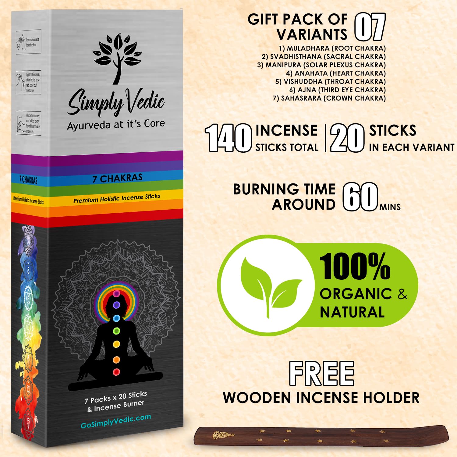 Simply Vedic 7 Chakra Incense Sticks Variety Pack with Holder, Set of 7 (140 Sticks) for Chakra Activation, Healing, Meditation, Yoga, Rituals, Aromatherapy, Energy Cleansing, Natural Handmade Incense