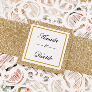 DreamBuilt 6.3 x 6.3 inch Ivory Laser Cut Wedding Invitations Cards with Gold Glitter Border and Bellyband for Wedding Bridal Shower (Ivory, 50pcs Blank)