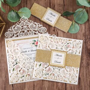 DreamBuilt 6.3 x 6.3 inch Ivory Laser Cut Wedding Invitations Cards with Gold Glitter Border and Bellyband for Wedding Bridal Shower (Ivory, 50pcs Blank)