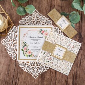 DreamBuilt 6.3 x 6.3 inch Ivory Laser Cut Wedding Invitations Cards with Gold Glitter Border and Bellyband for Wedding Bridal Shower (Ivory, 50pcs Blank)