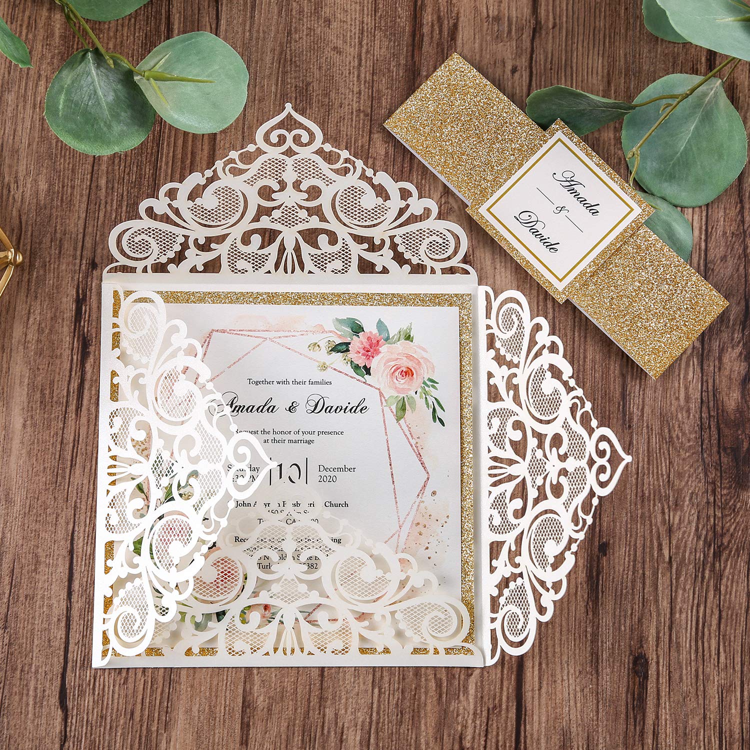 DreamBuilt 6.3 x 6.3 inch Ivory Laser Cut Wedding Invitations Cards with Gold Glitter Border and Bellyband for Wedding Bridal Shower (Ivory, 50pcs Blank)