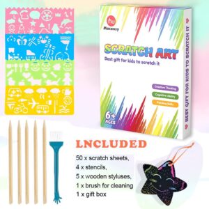 Mocoosy 60 Pcs Scratch Art Paper for Kids, Rainbow Magic Scratch Off Paper Set Art Craft Kit Black Scratch Paper Sheets with 4 Stencils 5 Wooden Stylus for Birthday Party Favors Game Activities