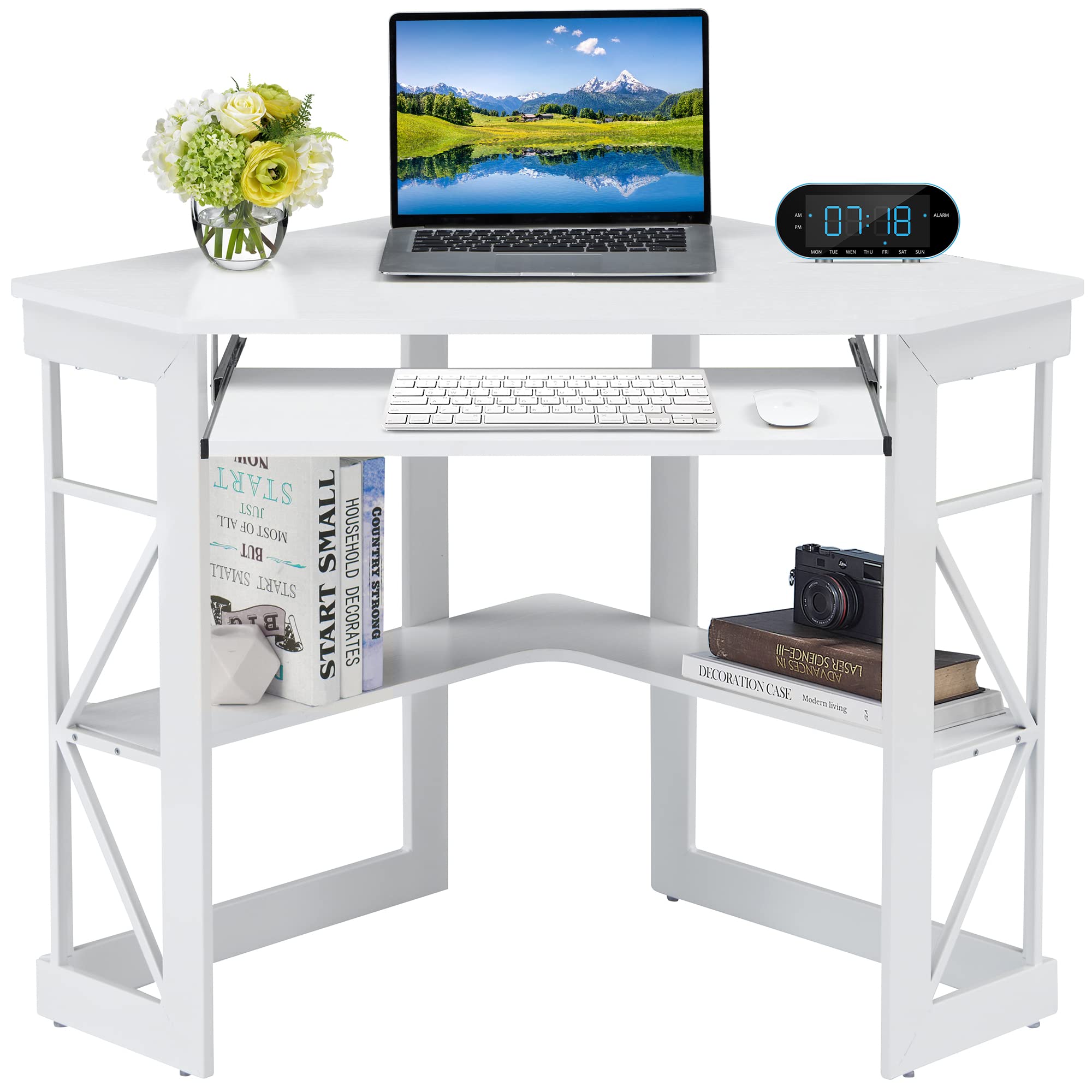 VECELO Corner Computer Desk 41 x 30 inches with Smooth Keyboard & Storage Shelves for Home Office Workstation, White