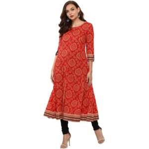 Yash Gallery Women's Plus Size Women's Cotton Bandhani Anarkali kurta for Women (Red)