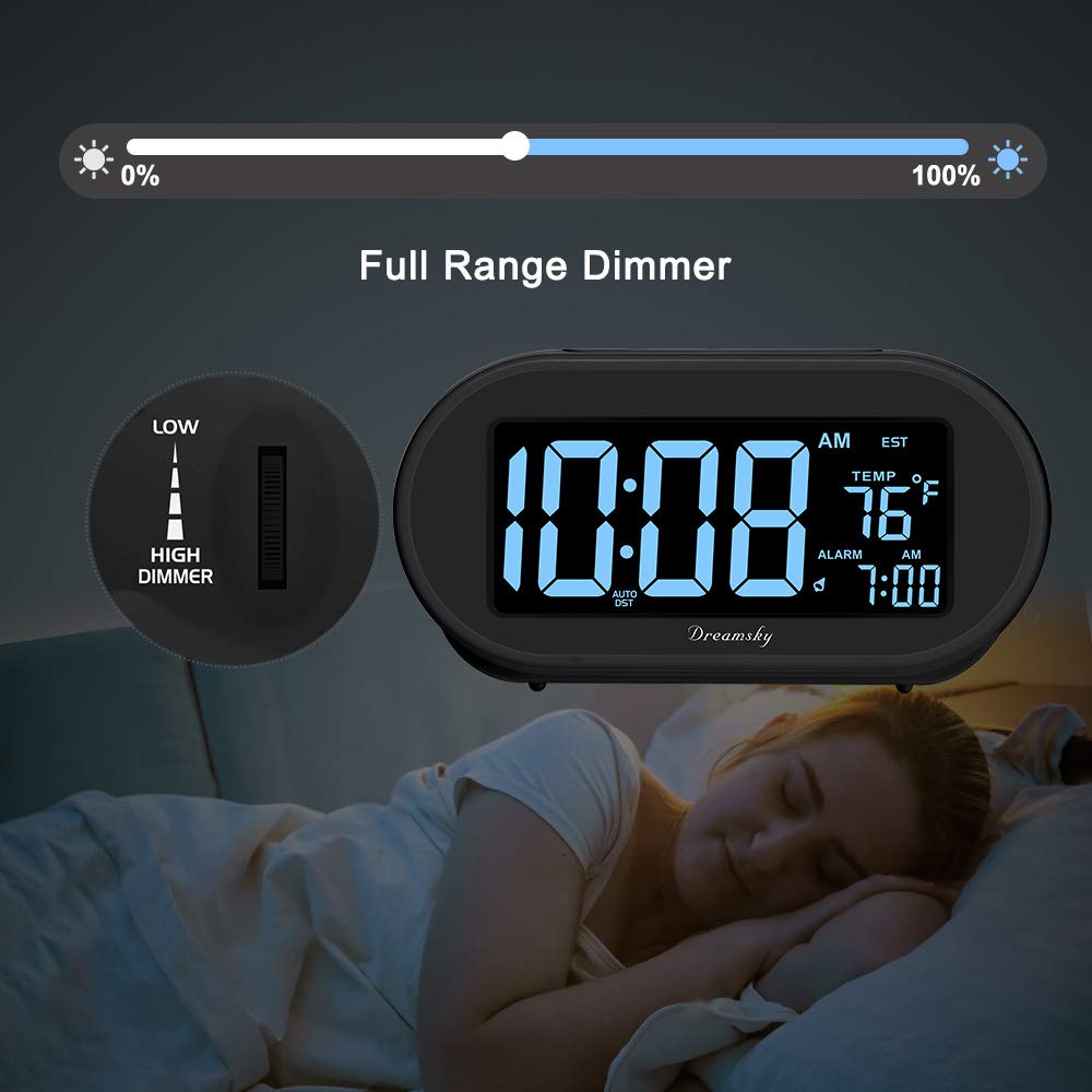 DreamSky Alarm Clocks for Bedrooms, Auto Set Digital Desk Clock for Bedside Nightstand, Electric Clock with Dimmable Brightness Dimmer, Auto DST, USB Port, Date, Temperature, Snooze