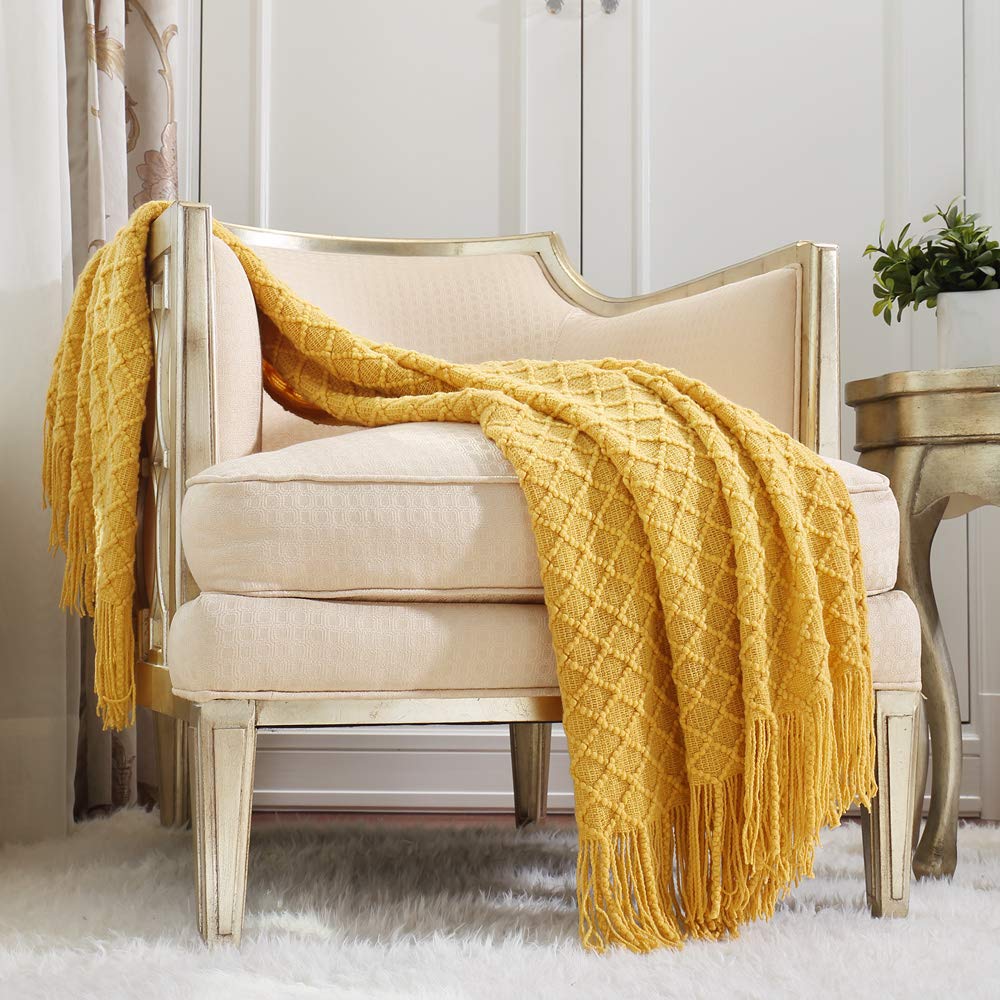 CREVENT Knitted Decorative Throw Blanket for Couch Sofa Chair Bed，Soft Warm Cozy Light Weight for Spring Summer (50''X60'' Mustard Yellow)