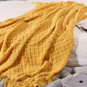 CREVENT Knitted Decorative Throw Blanket for Couch Sofa Chair Bed，Soft Warm Cozy Light Weight for Spring Summer (50''X60'' Mustard Yellow)