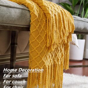 CREVENT Knitted Decorative Throw Blanket for Couch Sofa Chair Bed，Soft Warm Cozy Light Weight for Spring Summer (50''X60'' Mustard Yellow)