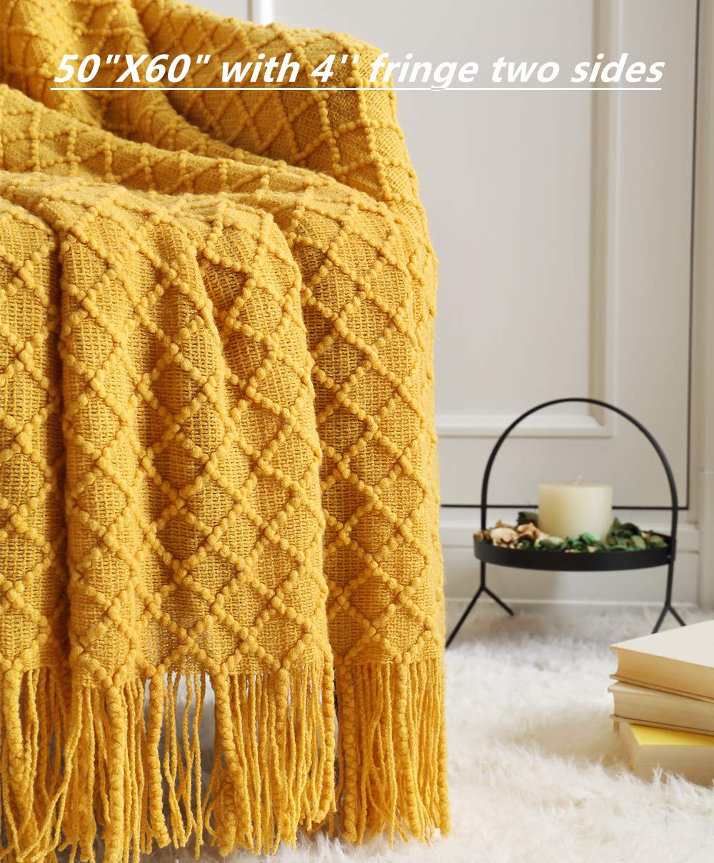 CREVENT Knitted Decorative Throw Blanket for Couch Sofa Chair Bed，Soft Warm Cozy Light Weight for Spring Summer (50''X60'' Mustard Yellow)