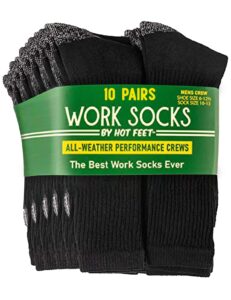 hot feet men's socks, cotton crew socks for men, cushioned boot socks for men, work socks for men, moisture wicking socks men - size 10-13, 10 pairs, black